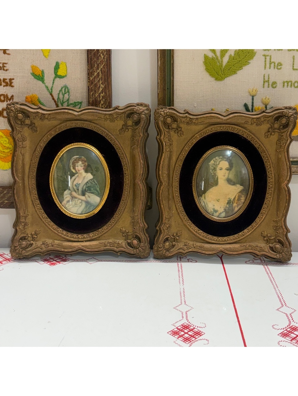 Ornate convex bubble glass cameo wall hangings vintage